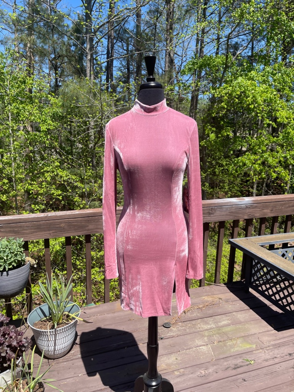 naked wardrobe Dusty Rose Velvet Long-Sleeve Mock Neck Dress
